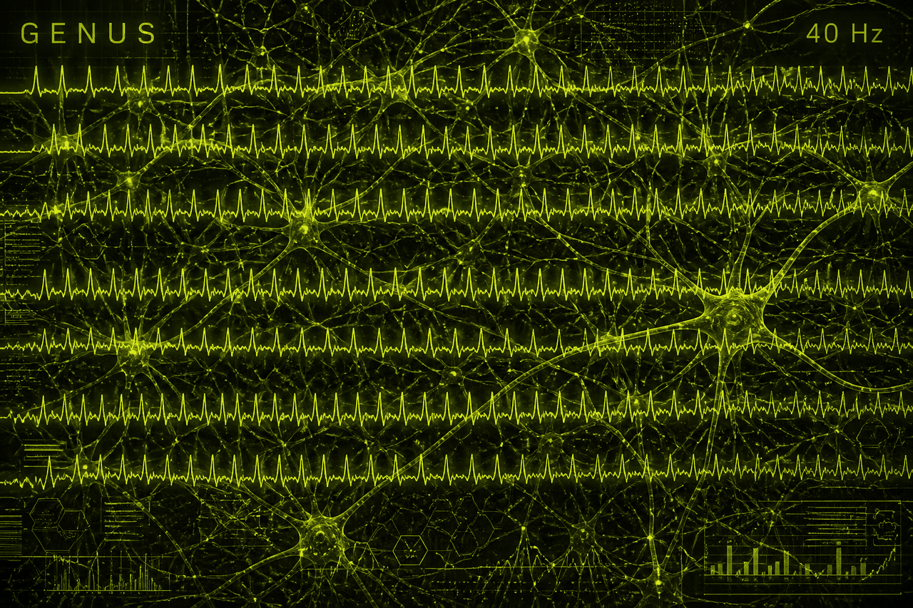 Dark neural field with stacked 40Hz pulse trains. Labels: GENUS and 40 Hz.
