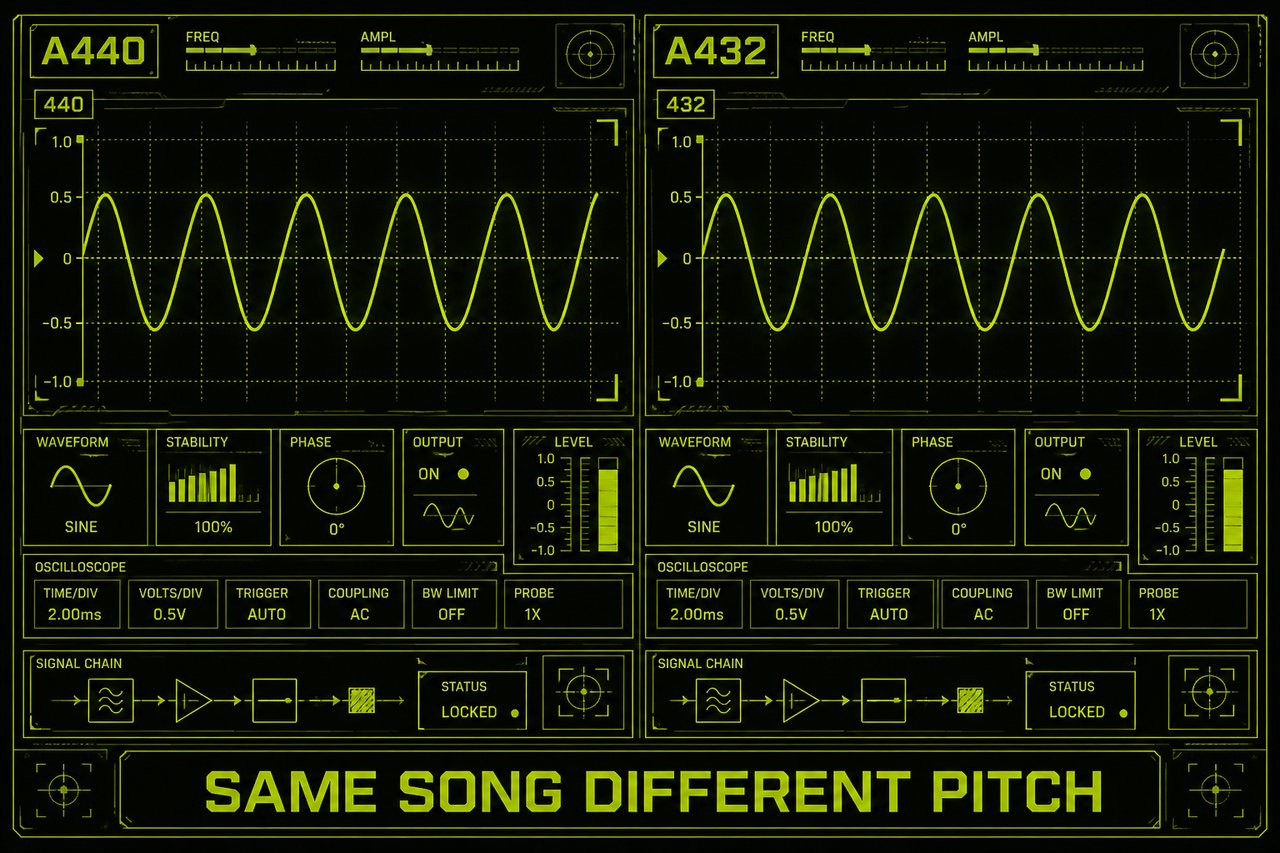 Two-panel schematic: 432 versus 440 waveforms of the same song. Footer SAME SONG DIFFERENT PITCH. Schematic still, not a scan.