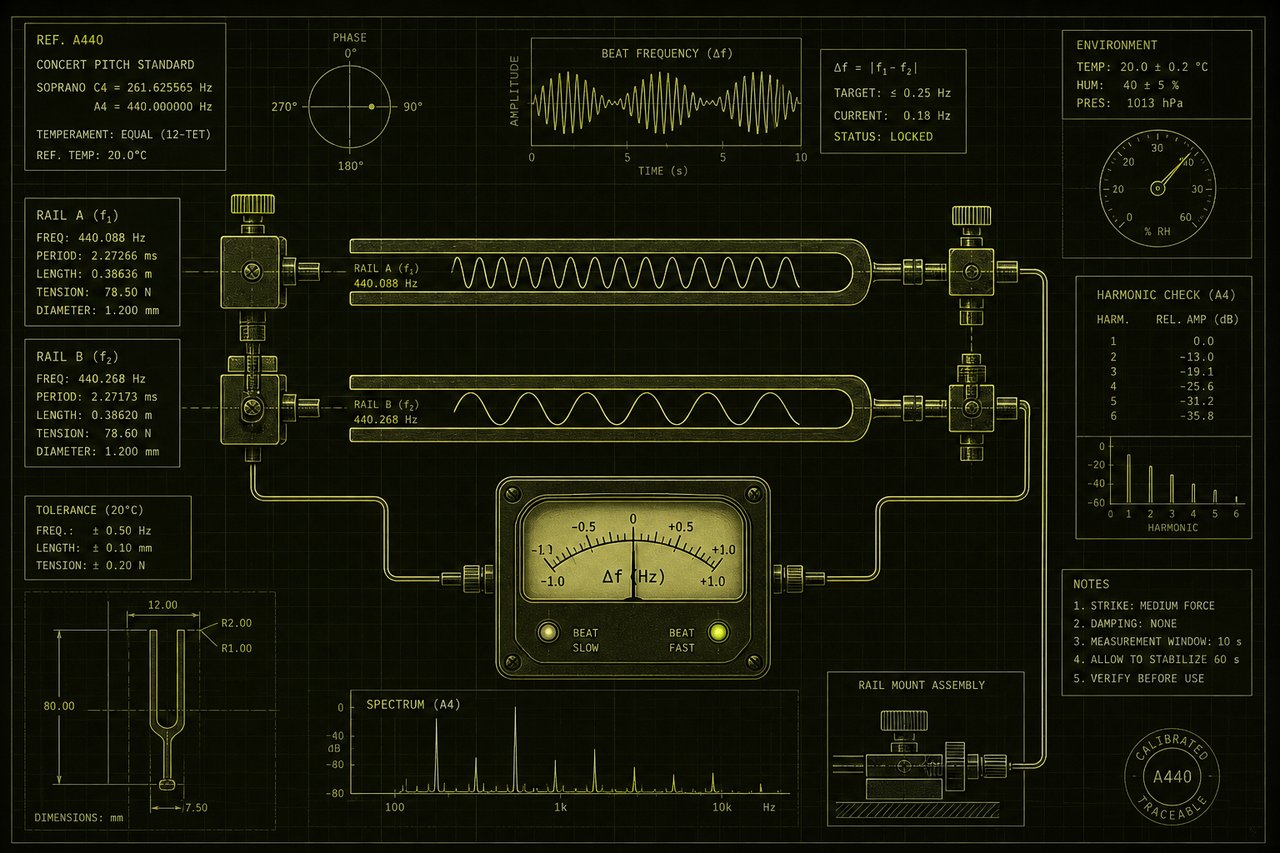 Dark lime schematic of a tuning fork and pitch rails for 432 versus 440 concert pitch. Schematic still, not a scan.