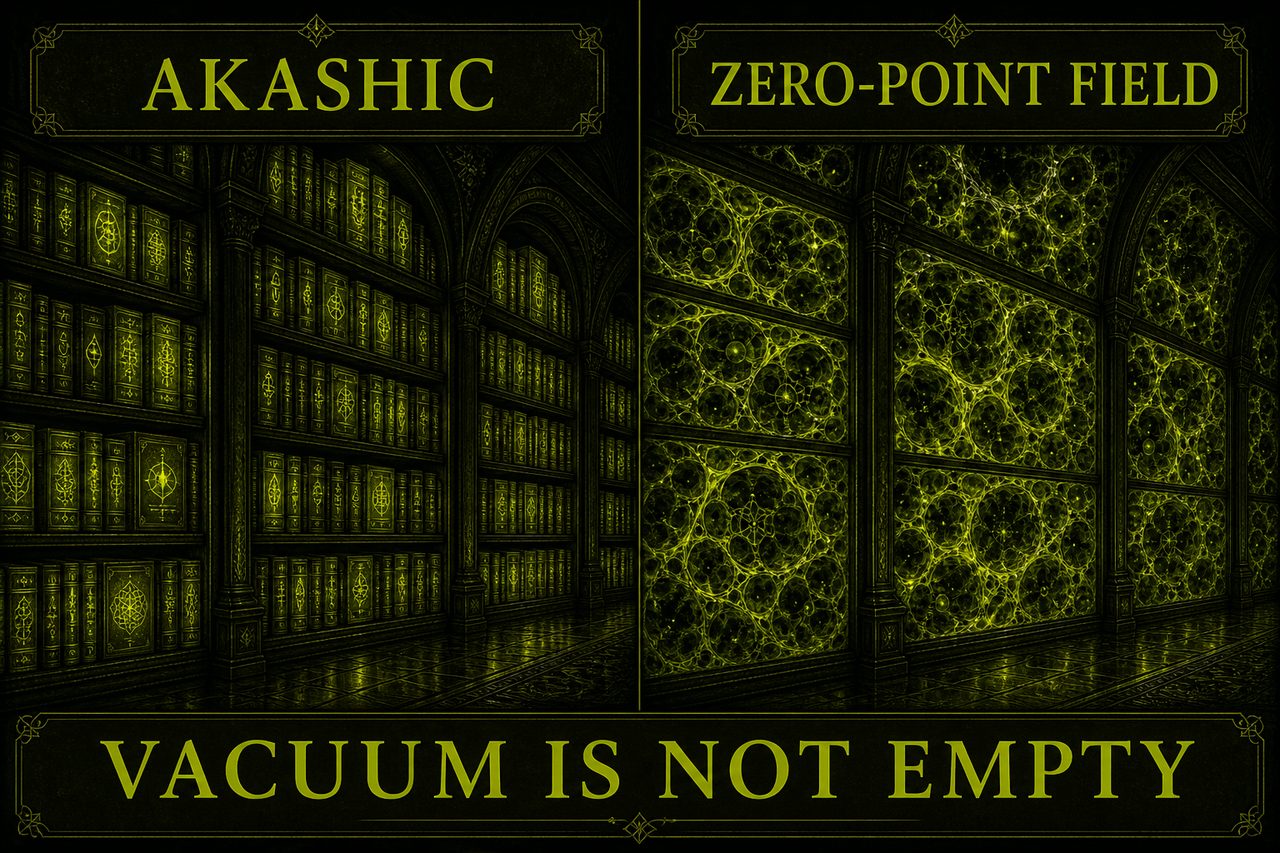 Two-panel schematic: a glowing library labeled AKASHIC versus vacuum foam labeled ZERO-POINT FIELD. Footer: VACUUM IS NOT EMPTY. Schematic still, not a Casimir apparatus.