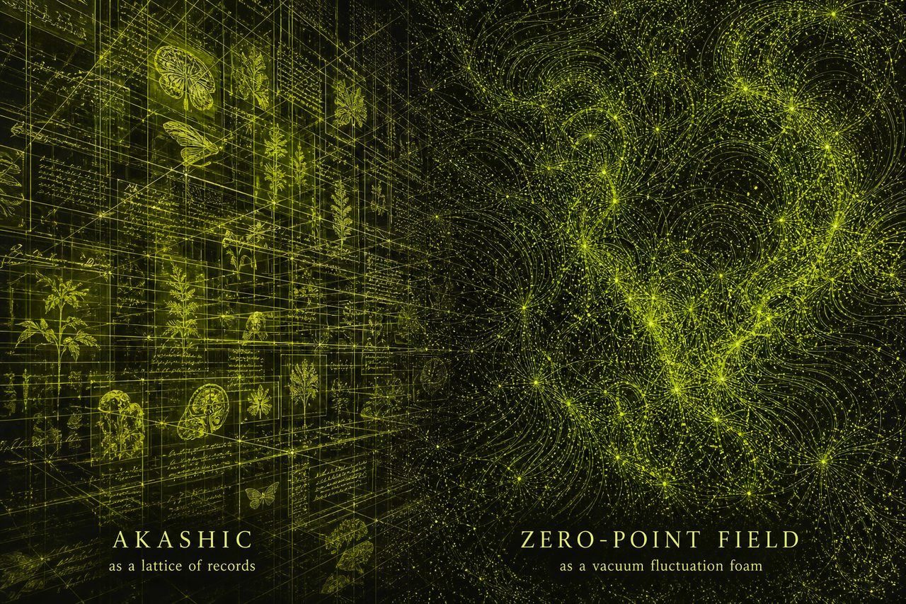 Dark lime schematic: an AKASHIC lattice of records beside a ZERO-POINT FIELD vacuum foam. Schematic still, not a Casimir apparatus.