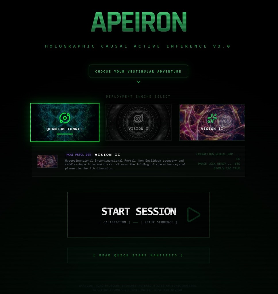 APEIRON browser session. Start controls and stage view.