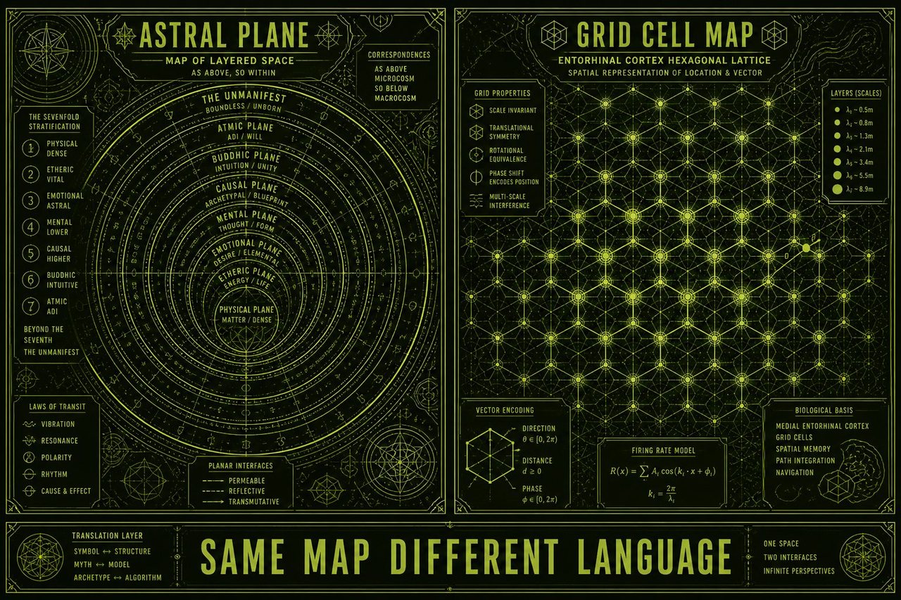 Two-panel schematic: an old layered ASTRAL PLANE map versus a hexagonal GRID CELL MAP. Footer: SAME MAP DIFFERENT LANGUAGE. Schematic still, not a recording.