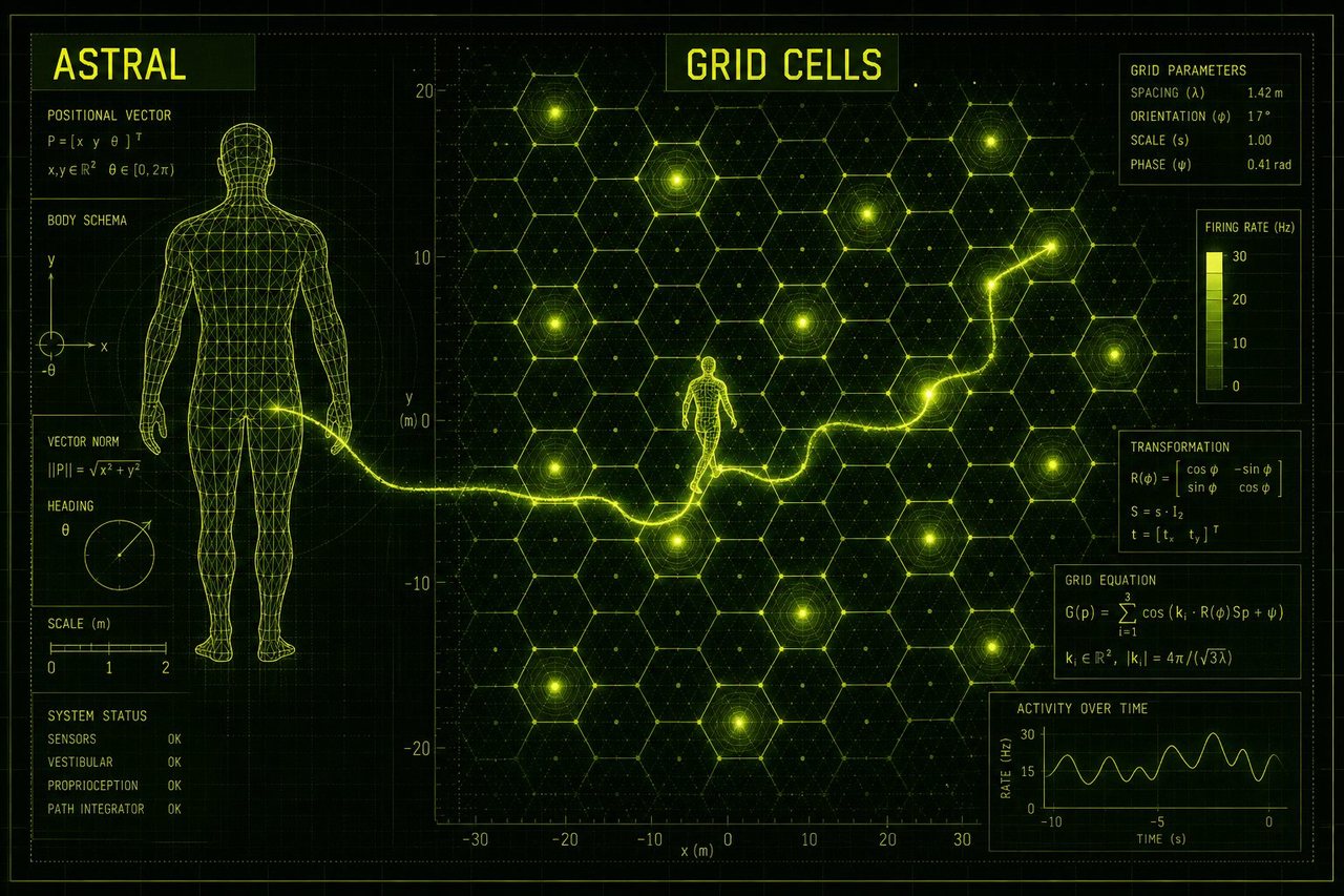 Dark lime schematic: a wireframe body of light labeled ASTRAL navigating a hexagonal GRID CELLS lattice. Schematic still, not a recording.