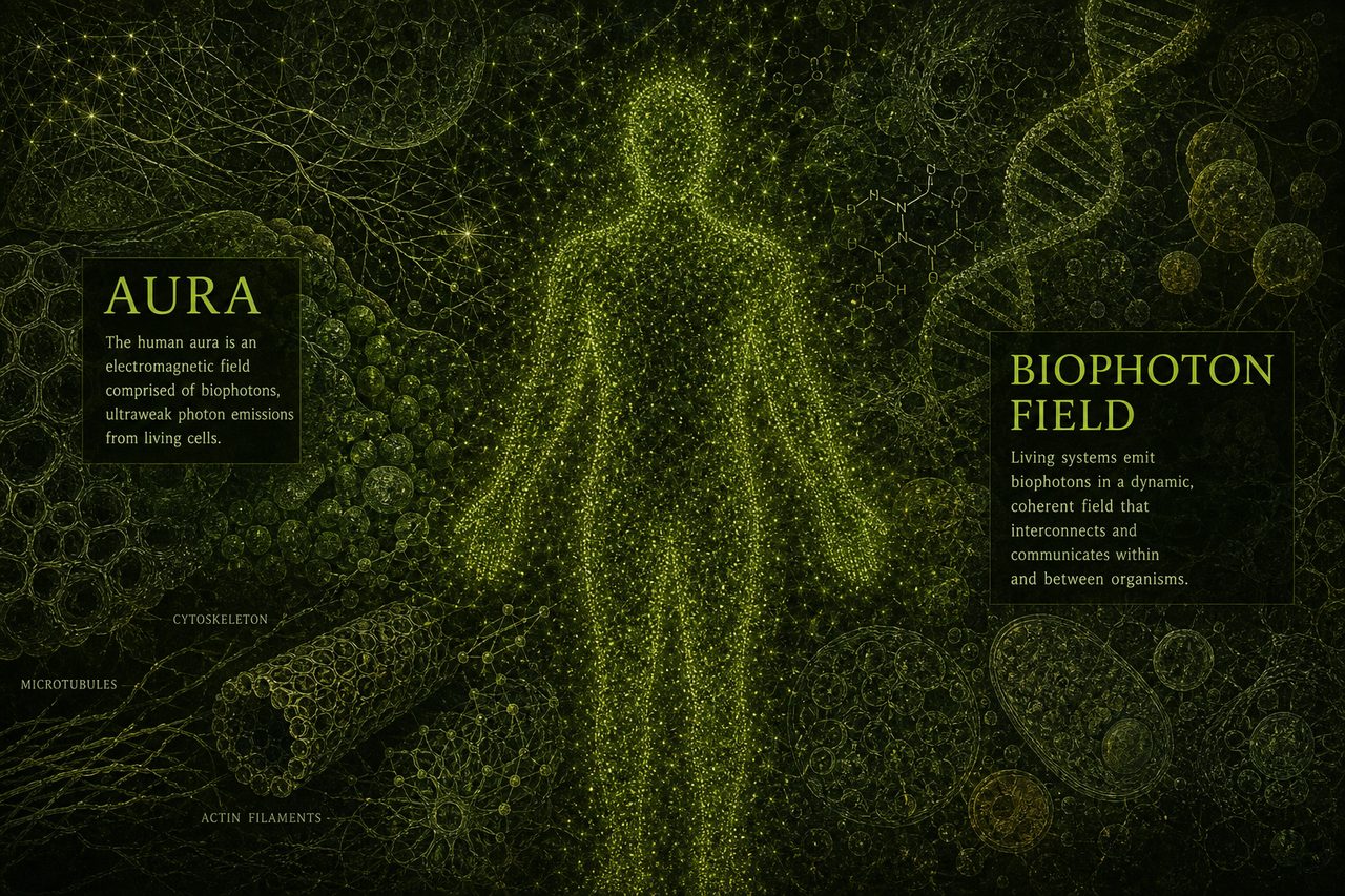 Dark lime schematic: a point-light human outline labeled AURA on the left and BIOPHOTON FIELD on the right, DNA helix in the field. Schematic still, not a photon-count image.