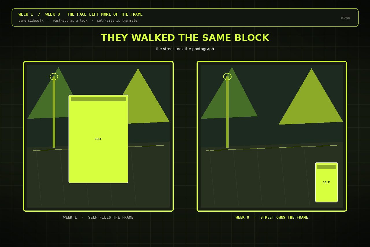 Dark lime drawing of two photo frames. Week 1 a lime SELF block fills the sidewalk. Week 8 the block sits at the edge and the canopy owns the frame.