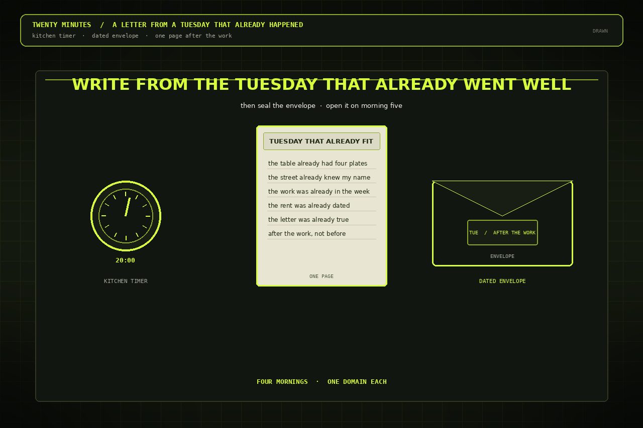 Dark lime drawing of a kitchen timer, a dated envelope, and one handwritten page from a Tuesday that already happened.