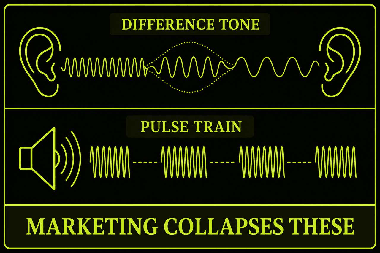 Dark lime split. Top panel labeled DIFFERENCE TONE with two ears and overlapping sine waves. Middle panel labeled PULSE TRAIN with a speaker and packets of tone separated by silence. Footer: MARKETING COLLAPSES THESE.