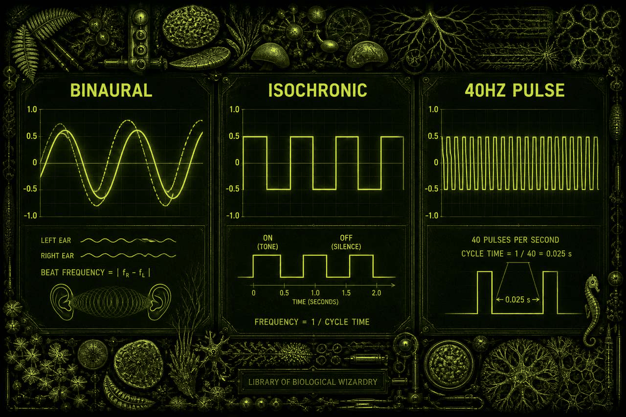 Dark lime three-panel chart. Left labeled BINAURAL with two ear tones and beat frequency equals the absolute difference. Center labeled ISOCHRONIC with on-tone off-silence square wave. Right labeled 40HZ PULSE with 40 pulses per second and cycle time 0.025 seconds.