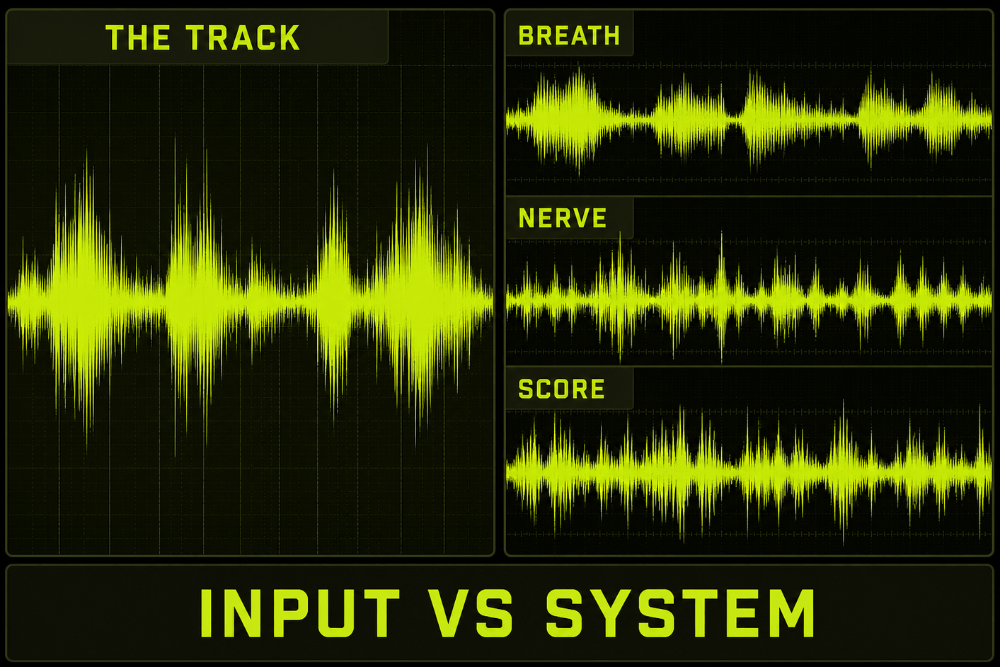 Dark lime dashboard. Left panel labeled THE TRACK with one waveform. Right stack labeled BREATH, NERVE, and SCORE. Footer: INPUT VS SYSTEM.