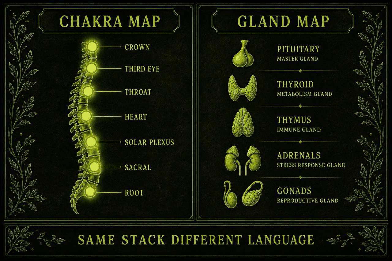 Dark lime split labeled CHAKRA MAP and GLAND MAP. Left: spine with seven stations. Right: named endocrine glands. Footer: SAME STACK DIFFERENT LANGUAGE. The one-to-one pairings are a schematic correspondence, not a measured map.
