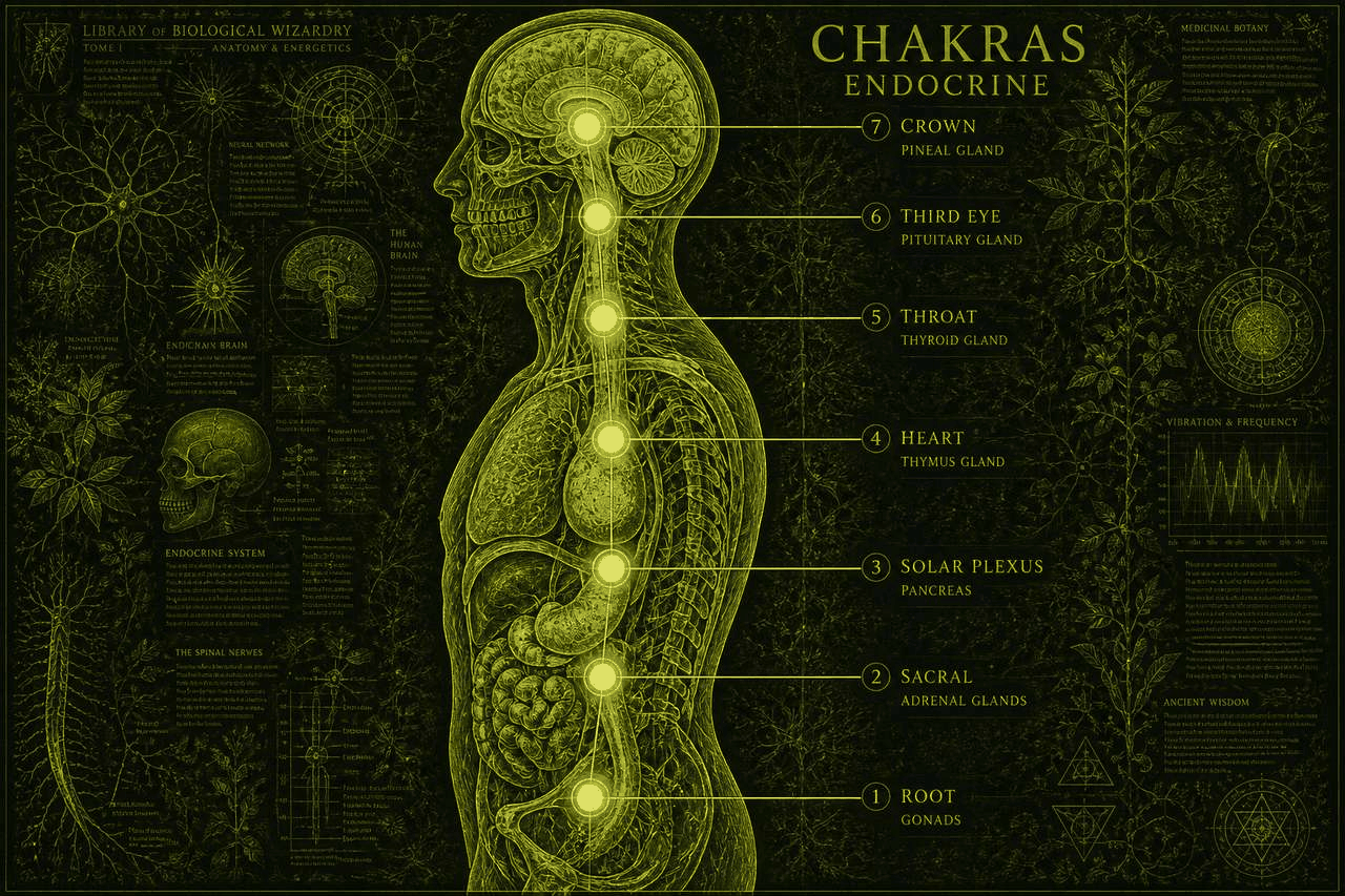 Dark lime anatomical field labeled CHAKRAS ENDOCRINE. Side-profile figure with seven glowing stations paired to named glands. Anatomical figure. Pairings on the still are schematic, not proven histology.