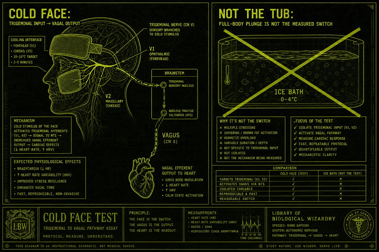Dark lime schematic of a cooling mask on a face as a vagus switch, not a tub. Schematic still, not a scan.