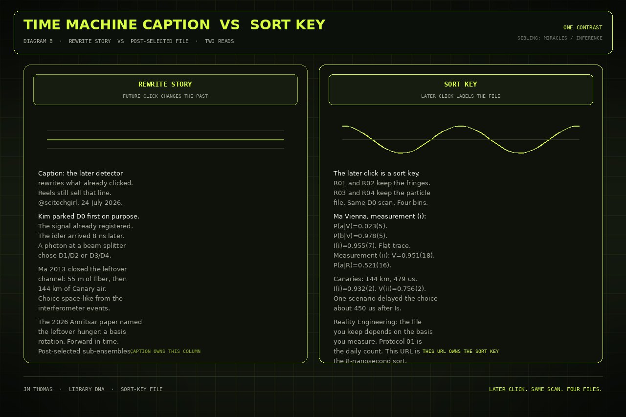 Two-panel drawing: rewrite-the-past caption on the left, later-click sort key on the right. Drawn still.