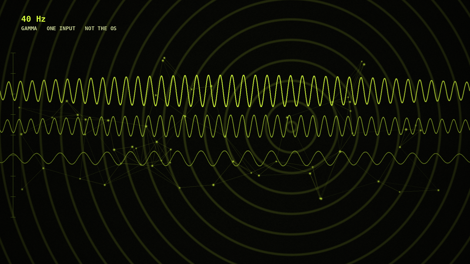 Dark field with stacked 40Hz gamma waveforms and a neural lattice. Label: 40 Hz. Gamma. One input. Not the OS.