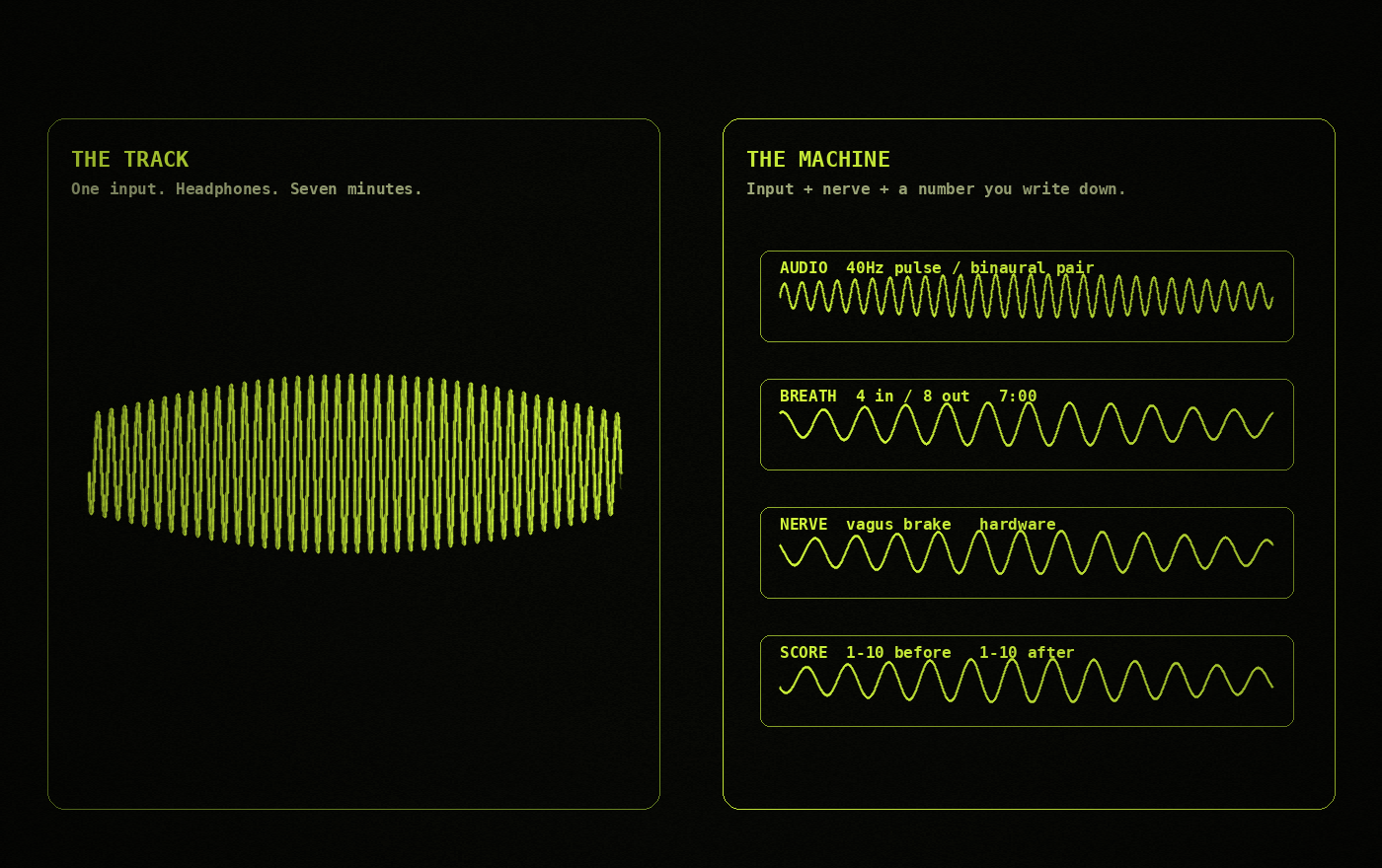 Two panels. Left: the track as one 40Hz waveform. Right: the machine stacked as audio, breath, nerve, and a 1-10 score.