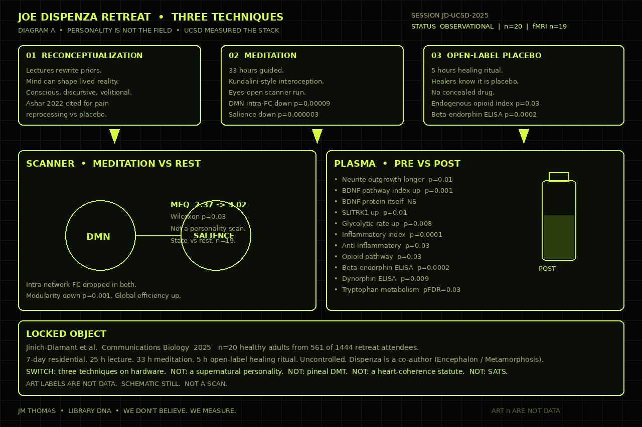 Dark lime schematic of three retreat techniques: reconceptualization, meditation, open-label placebo. Jinich-Diamant 2025 n=20 observational. Schematic still, not a scan.