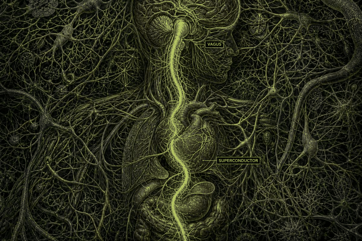 Dark anatomical field of head and torso. A glowing central trunk labeled Vagus and Superconductor running brainstem to heart and gut.