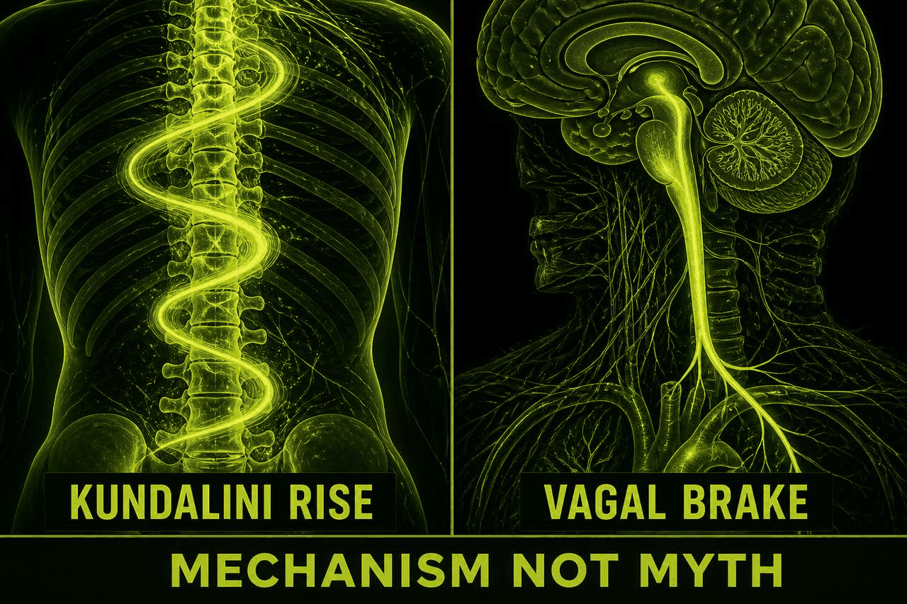Two-panel anatomical comparison. Left: kundalini rise along the spine. Right: vagal brake from brainstem to chest. Banner: mechanism not myth.
