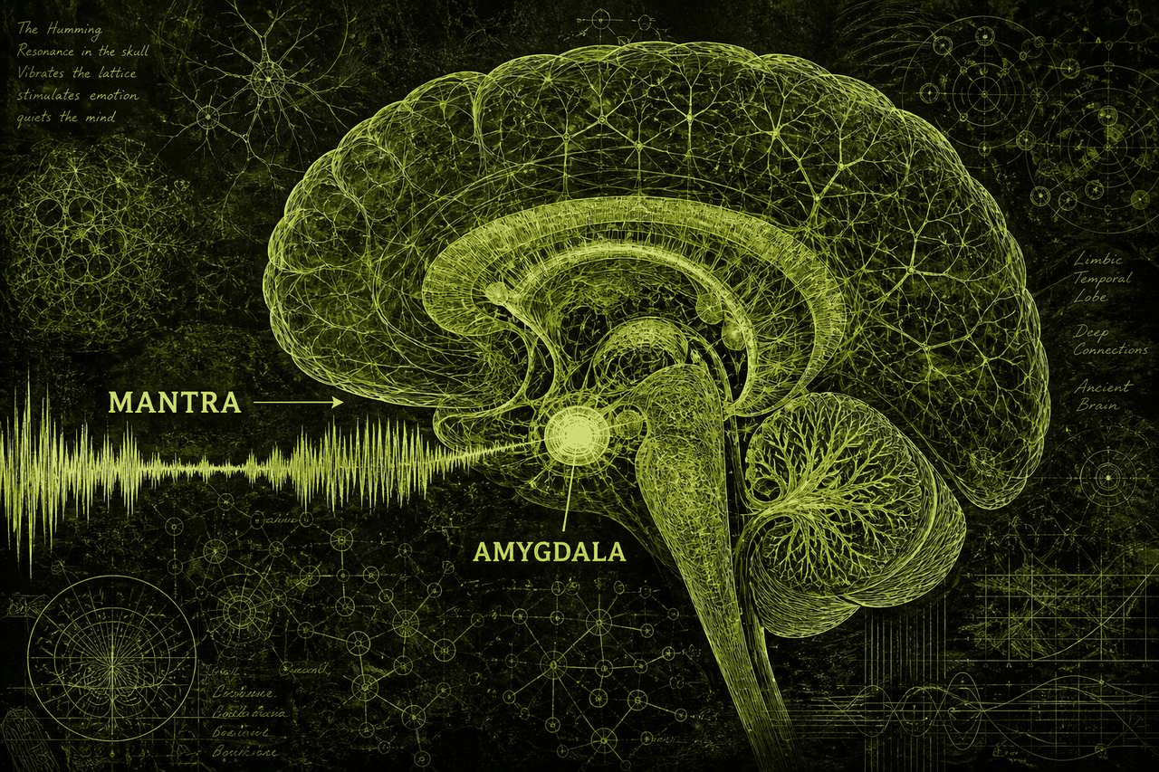 Dark lime schematic: a MANTRA waveform entering a labeled AMYGDALA on an anatomical brain field. Schematic still, not an fMRI scan.