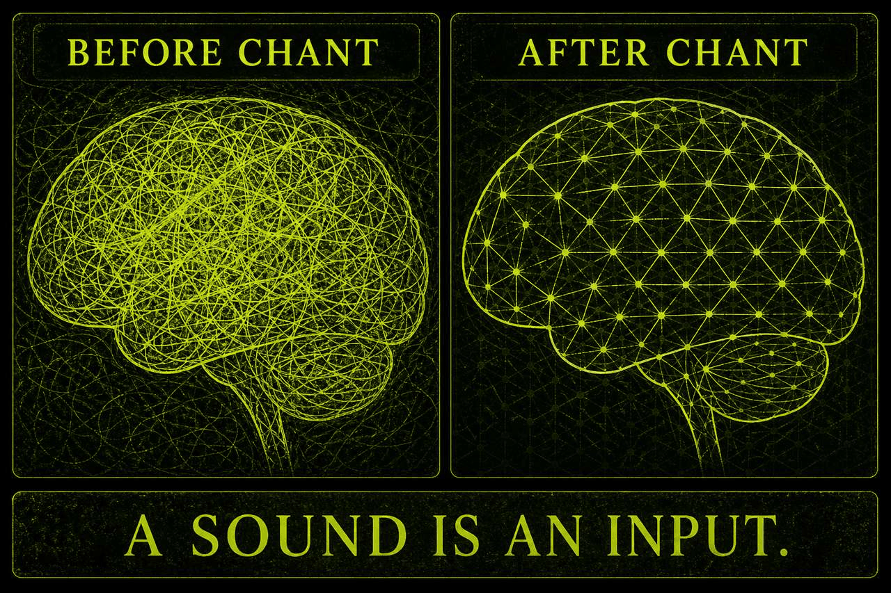 Dark lime split labeled BEFORE CHANT and AFTER CHANT. Left brain filled with tangled lines. Right brain a geometric node grid. Footer: A SOUND IS AN INPUT. Schematic still, not an fMRI scan and not a percent drop.