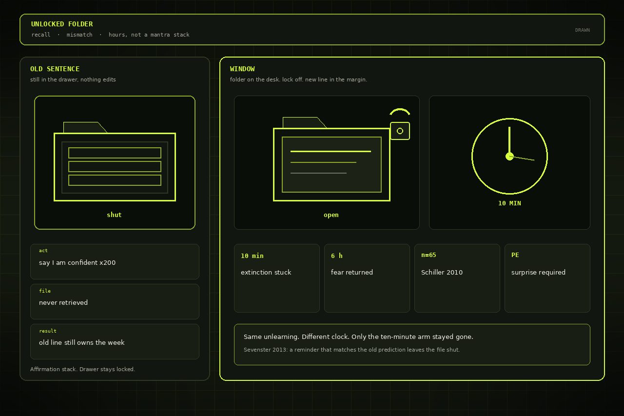 Dark lime drawing of a shut folder beside an open folder, an open lock, and a ten-minute clock.