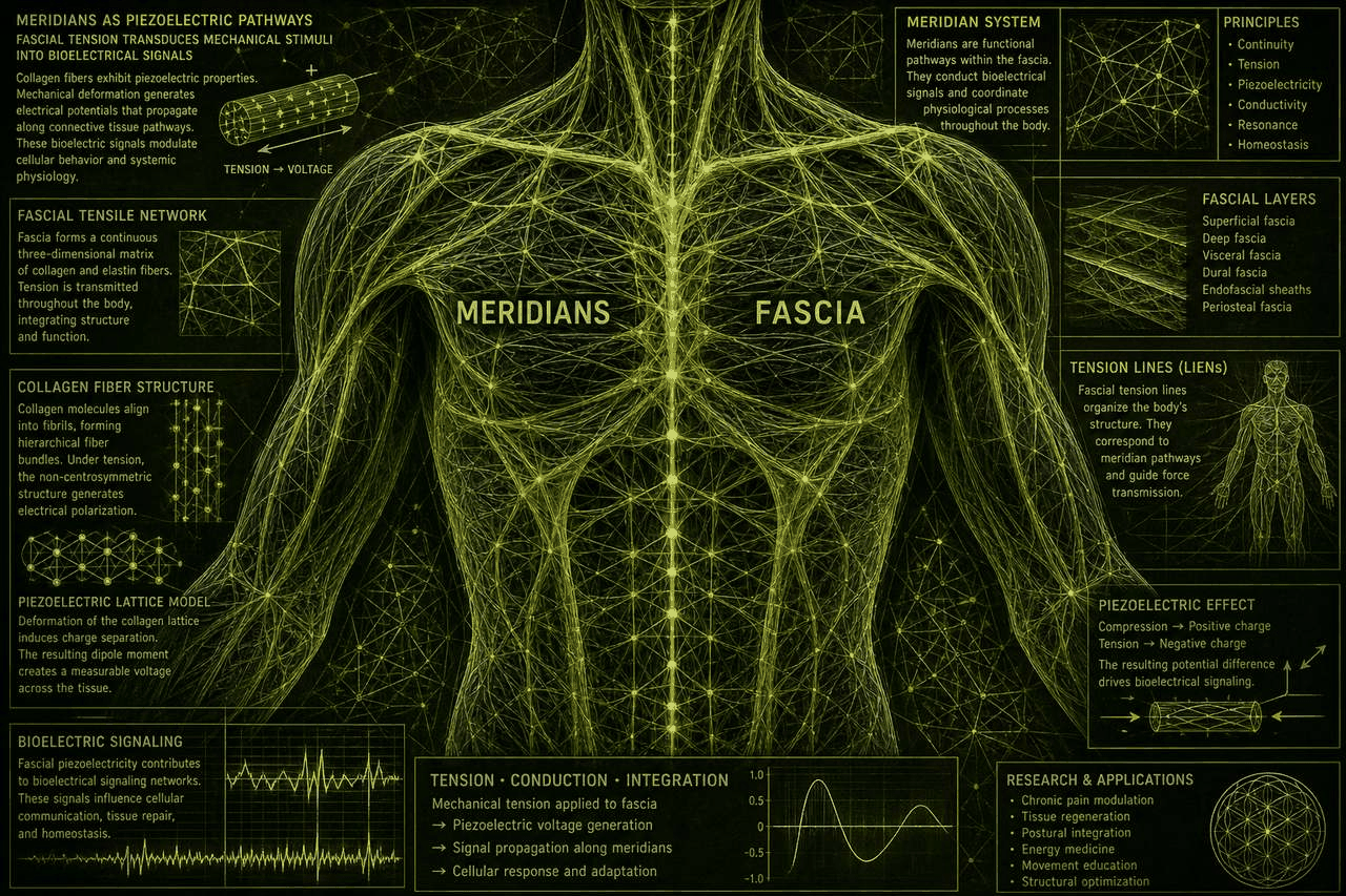 Dark lime anatomical infographic. Central torso labeled MERIDIANS and FASCIA with a glowing collagen network. Panels name piezoelectric pathways, fascial tensile network, collagen fiber structure, and tension converting to voltage.