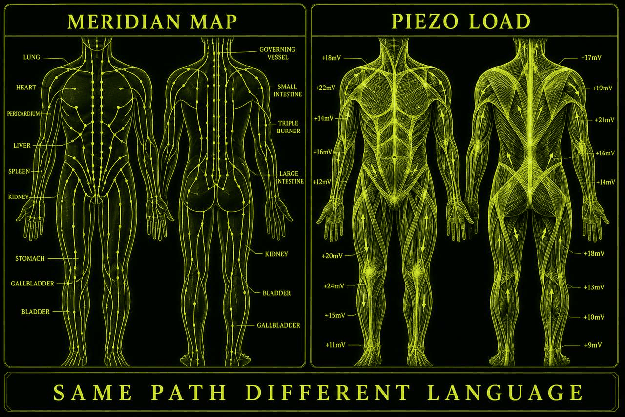Dark lime split labeled MERIDIAN MAP and PIEZO LOAD. Left: front and back anatomical figures with classic meridian names. Right: fascial web with tension arrows. Footer: SAME PATH DIFFERENT LANGUAGE. Millivolt numerals on the right panel are schematic, not measured data.