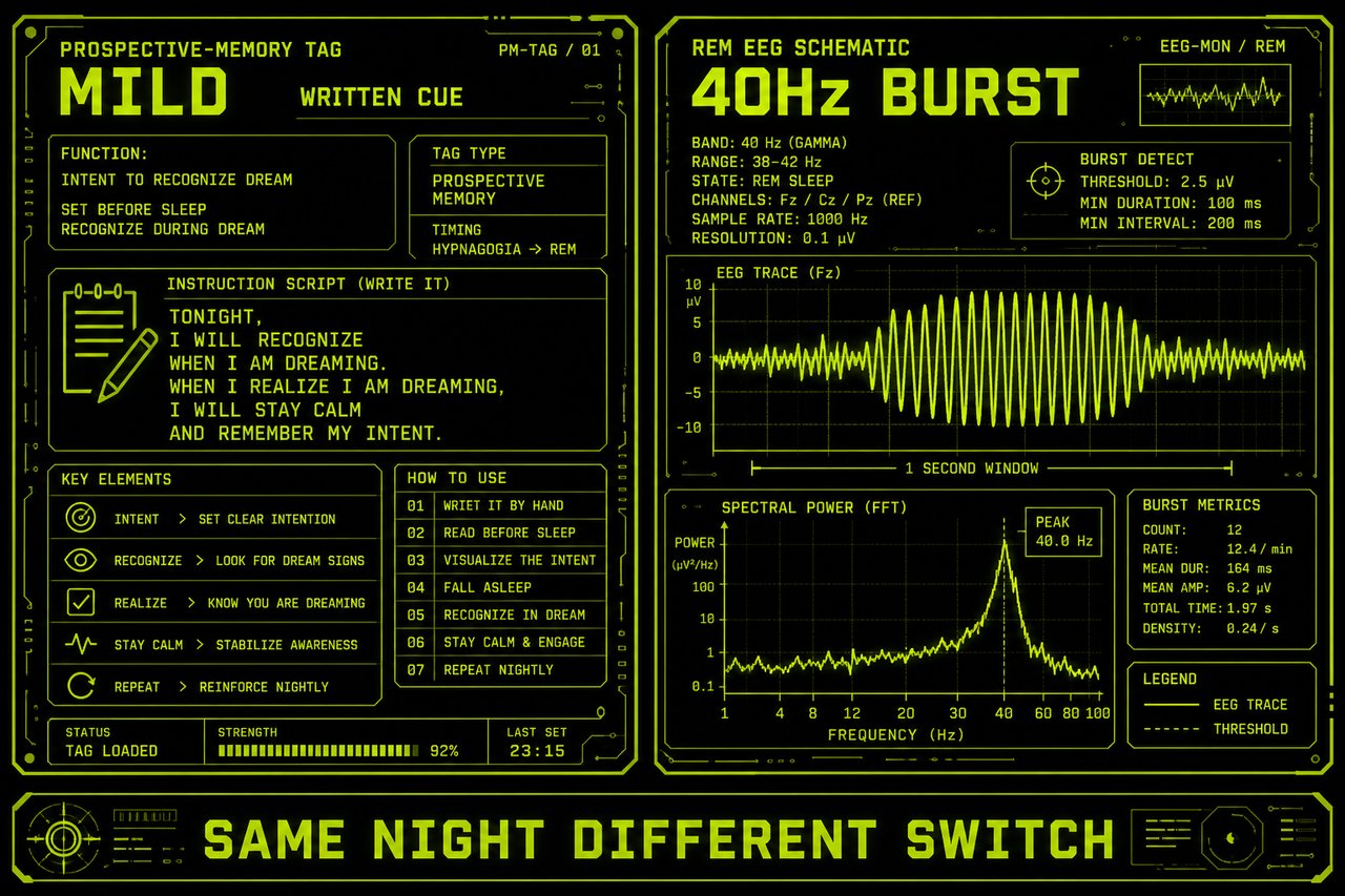 Two-panel schematic: MILD prospective-memory cue versus REM 40Hz tACS. Footer SAME NIGHT DIFFERENT SWITCH. Schematic still, not a scan.