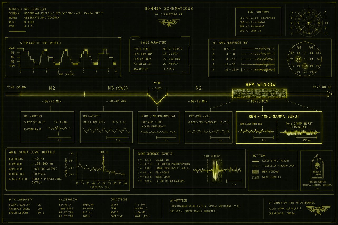 Dark lime schematic of a night timeline with a wake-back-to-bed notch and a REM 40Hz mark. Schematic still, not a scan.
