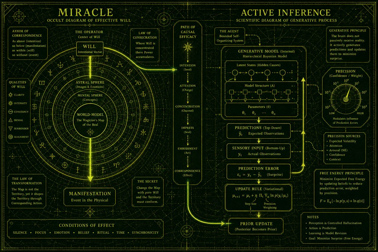 Dark lime schematic: MIRACLE will-vector into a world-model beside ACTIVE INFERENCE prediction and error loops. Schematic still, not a scan.