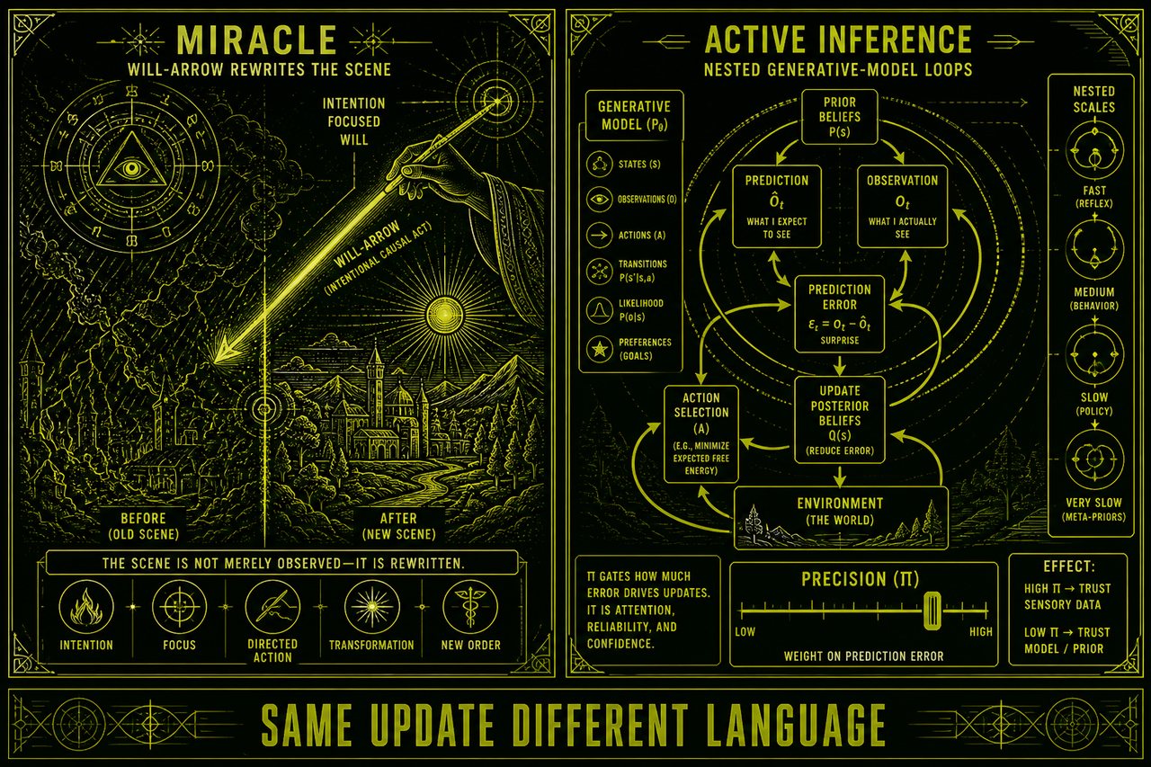 Two-panel schematic: MIRACLE will-arrow rewriting a scene versus ACTIVE INFERENCE nested generative-model loops. Footer: SAME UPDATE DIFFERENT LANGUAGE. Schematic still, not a scan.