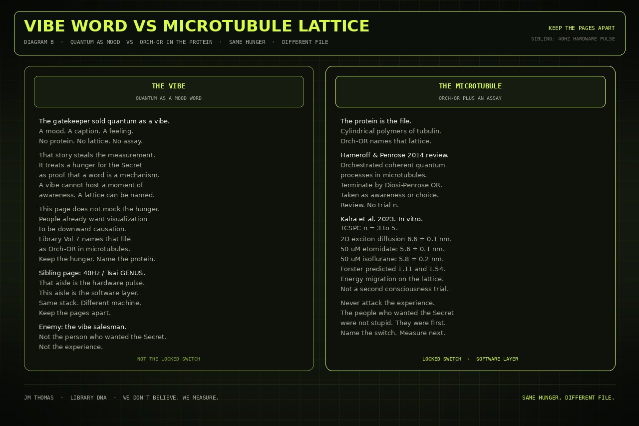 Two-panel schematic: quantum as a vibe word versus Orch-OR in a microtubule lattice. Schematic still, not a neuron photo.