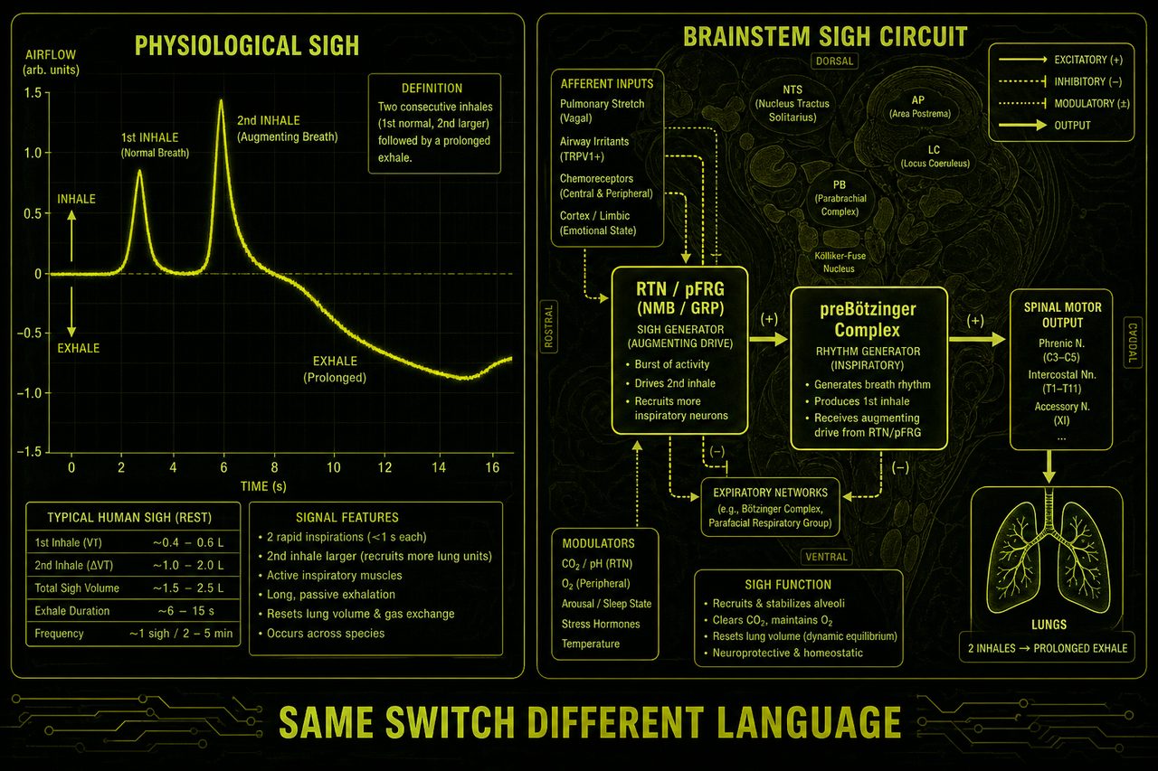 Two-panel schematic: physiological sigh versus the sigh circuit. Footer SAME SWITCH DIFFERENT LANGUAGE. Schematic still, not a scan.