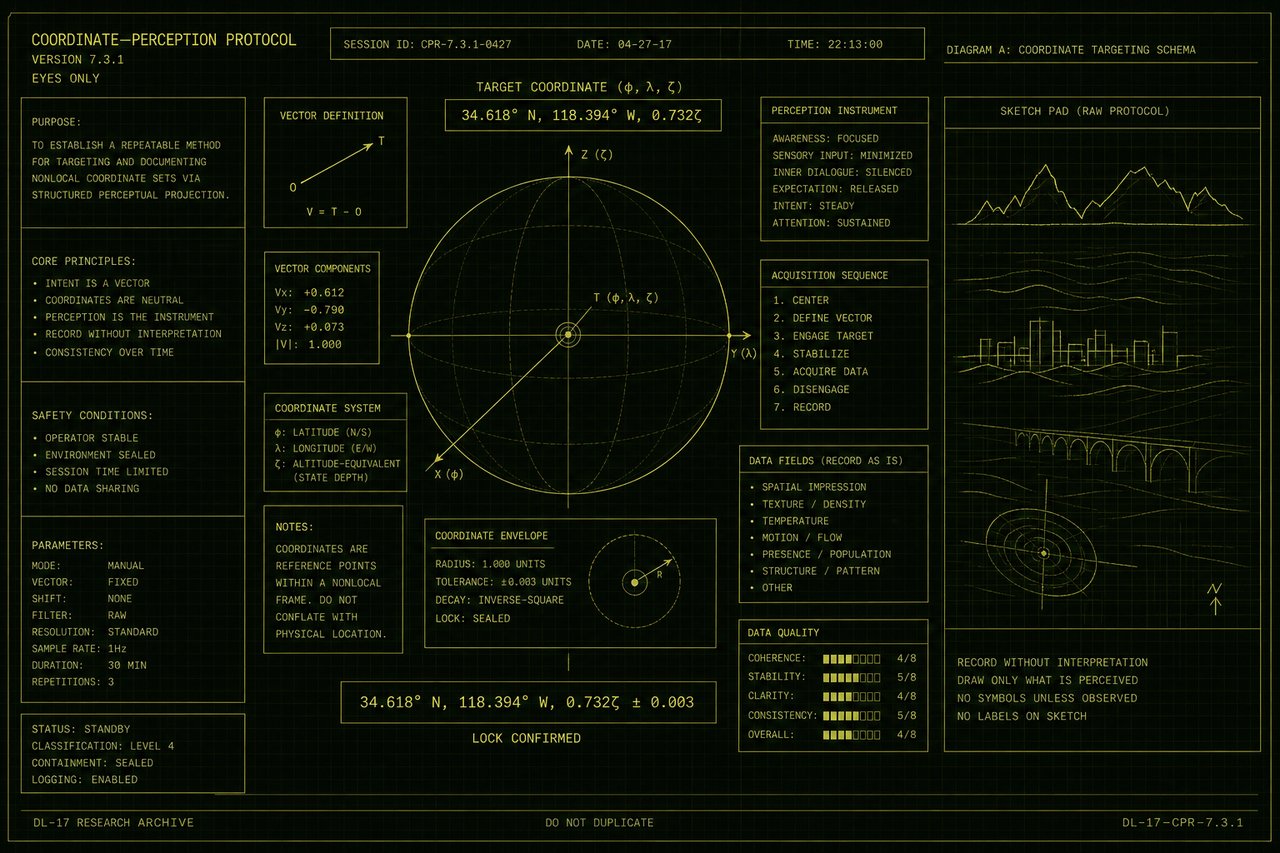 Dark lime schematic of a sealed target and a coordinate address. Coordinate perception, not a body leaving a chair. Schematic still, not a scan.