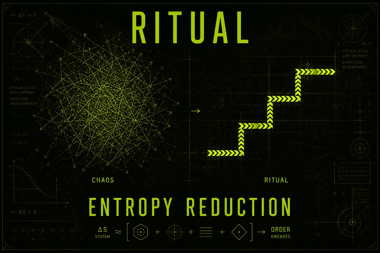 Dark lime schematic: CHAOS high-entropy arrows collapsing into a RITUAL stepped path labeled ENTROPY REDUCTION. Schematic still, not a scan.