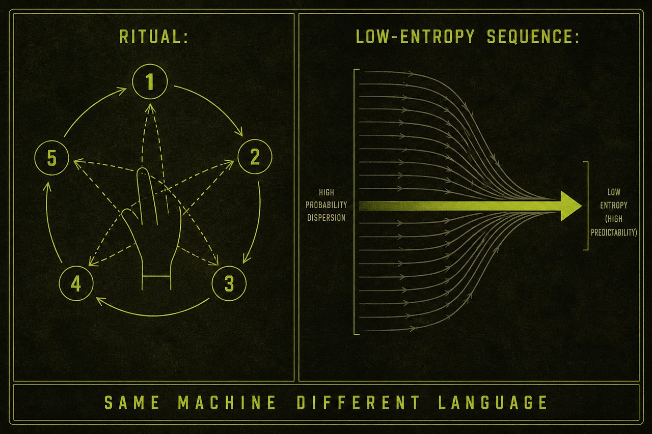 Two-panel schematic: RITUAL numbered cycle versus LOW-ENTROPY SEQUENCE funnel. Footer SAME MACHINE DIFFERENT LANGUAGE. Schematic still, not a scan.