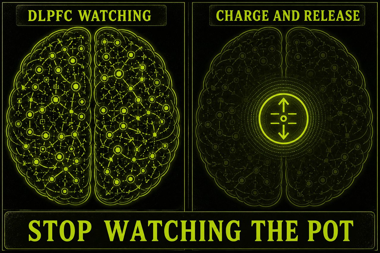Two-panel schematic: DLPFC WATCHING as a busy prefrontal outline versus CHARGE AND RELEASE with a central glyph and a dimmed network. Footer: STOP WATCHING THE POT. Schematic still, not an fMRI.