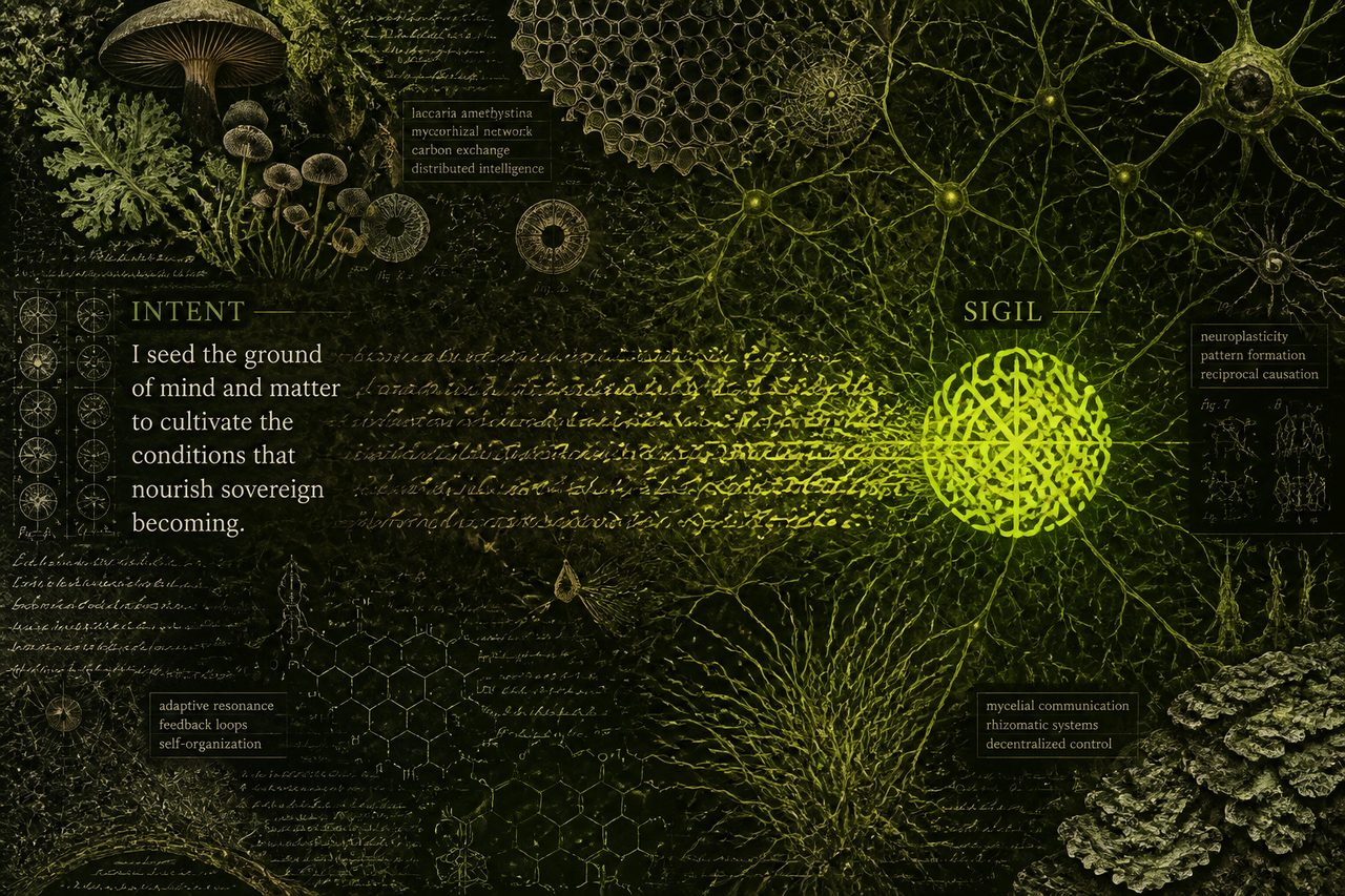Dark lime schematic: a sentence labeled INTENT collapsing into a glowing SIGIL on a dense biological field. Schematic still, not a brain scan.