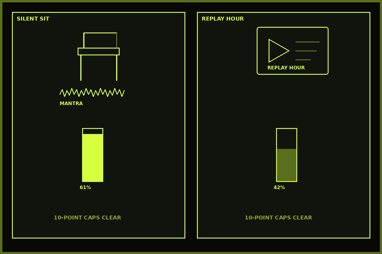 Dark lime split. Left empty chair and mantra mark, 61 percent 10-point CAPS clear. Right replay-hour card, 42 percent. No face.