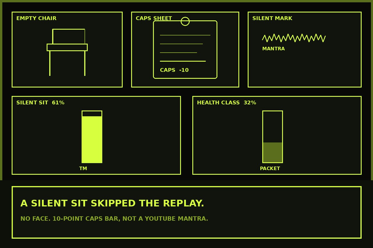 Dark lime drawing of an empty chair, a CAPS sheet marked minus 10, a mantra wave, and two bars. Silent sit 61 percent. Health class 32. No face.