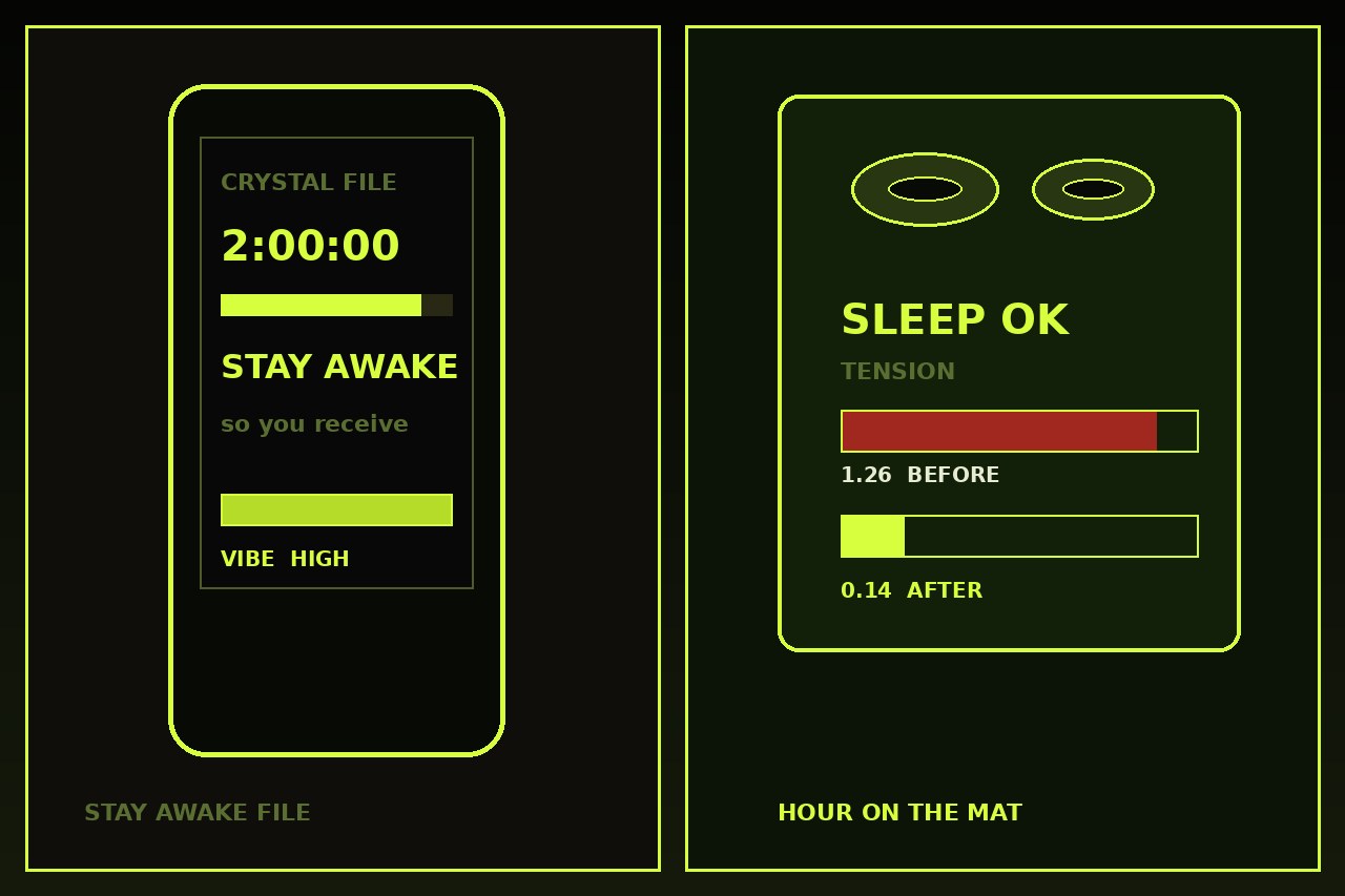Dark lime split. Left a phone playing a bowl file with STAY AWAKE on the screen. Right a mat, two bowls, SLEEP OK, and a tension bar from 1.26 down to 0.14. No face.