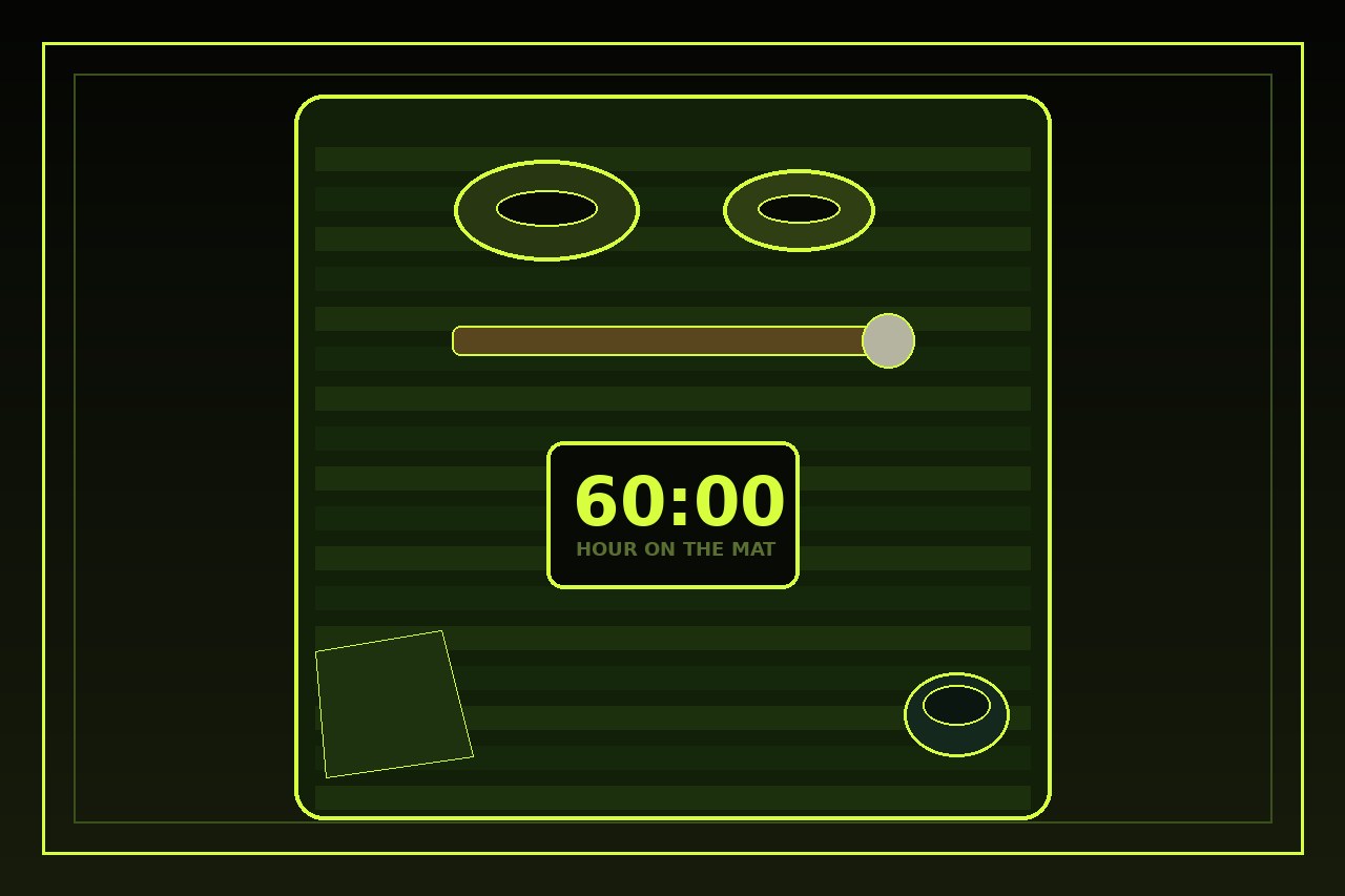 Dark lime drawing of a yoga mat, two singing bowls by the head end, a puja stick, and a sixty-minute timer. No face.