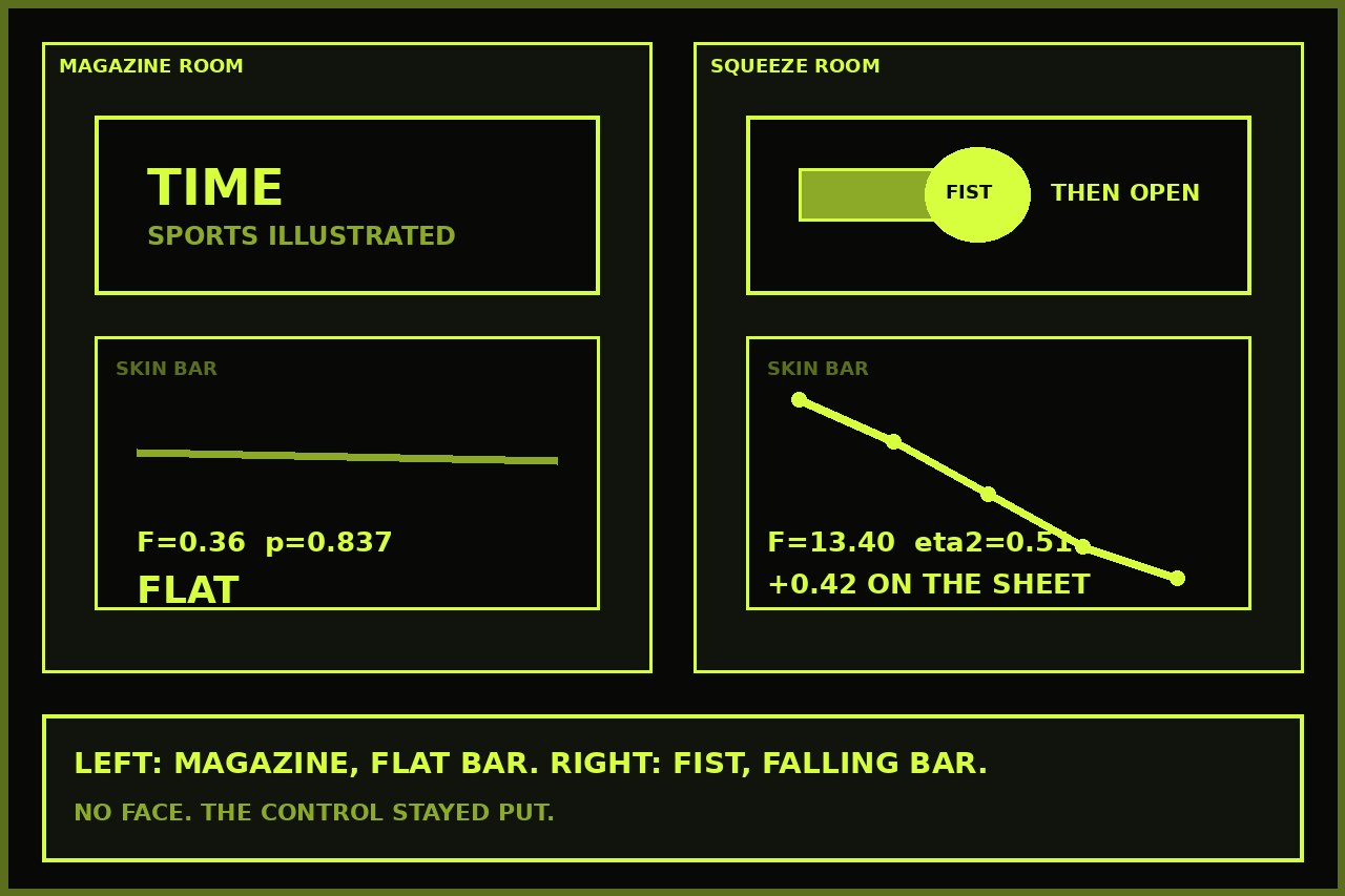 Dark lime split. Left a magazine stack and a flat skin bar. Right a fist then open and a falling bar, F 13.40. No face.