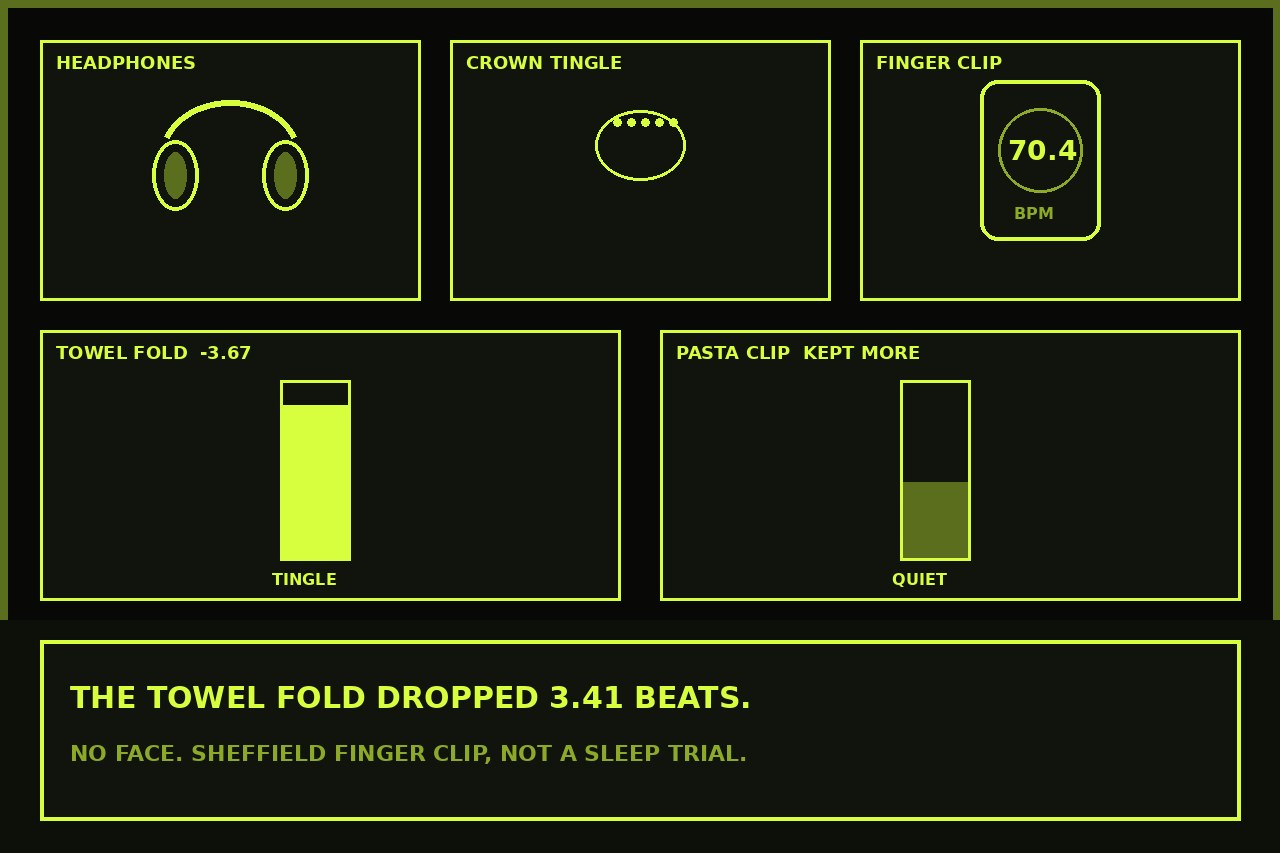 Dark lime drawing of headphones, crown dots, a 70.4 bpm finger clip, and two bars. Towel fold drop larger. No face.