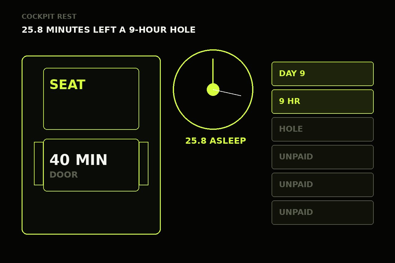 Dark lime drawing of a cockpit seat, a 40-minute clock, and a 9-hour unpaid stack. No face.