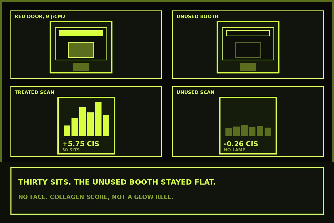 Dark lime drawing of a lit 9-joule booth next to an unused booth, two ultrasound bars at plus 5.75 and minus 0.26. No face.