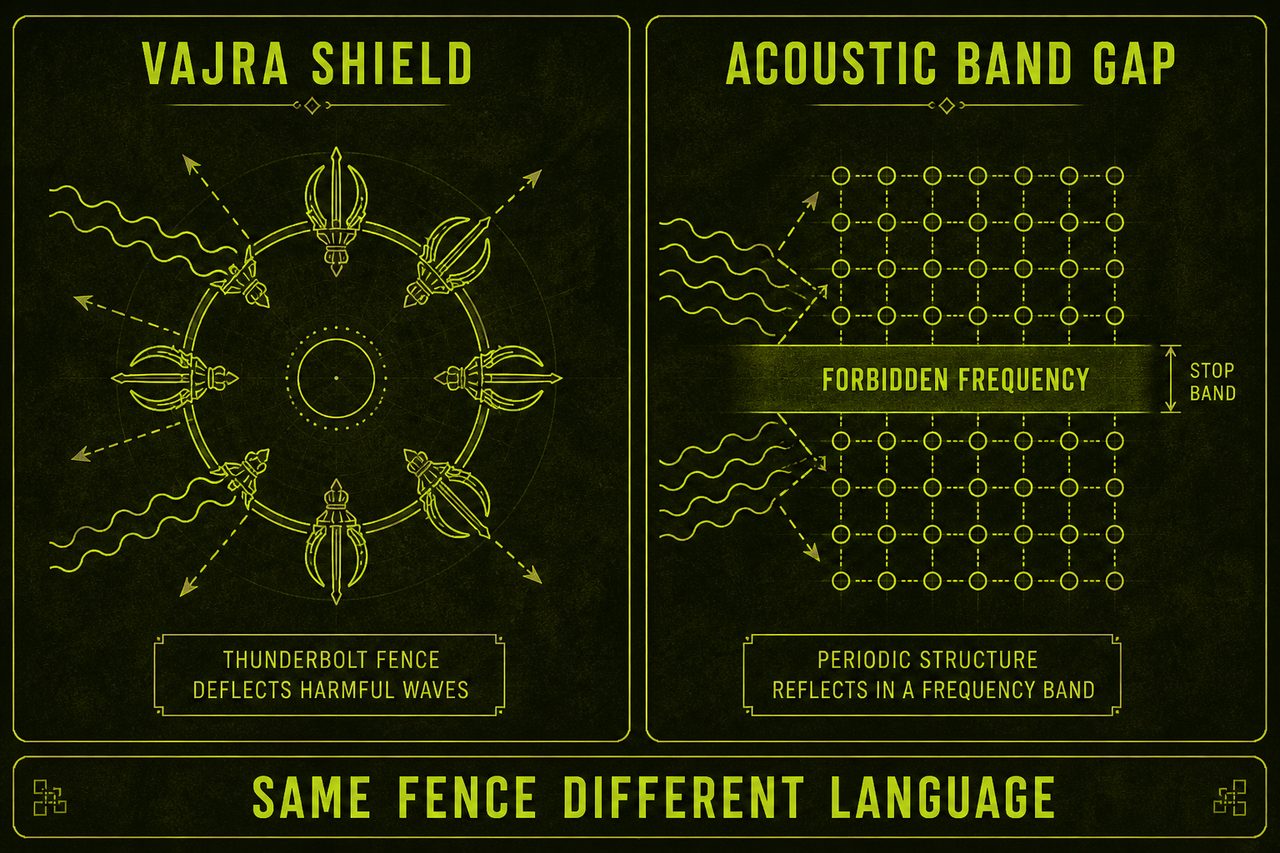 Two-panel schematic: VAJRA SHIELD versus ACOUSTIC BAND GAP. Footer SAME FENCE DIFFERENT LANGUAGE. Schematic still, not a scan.