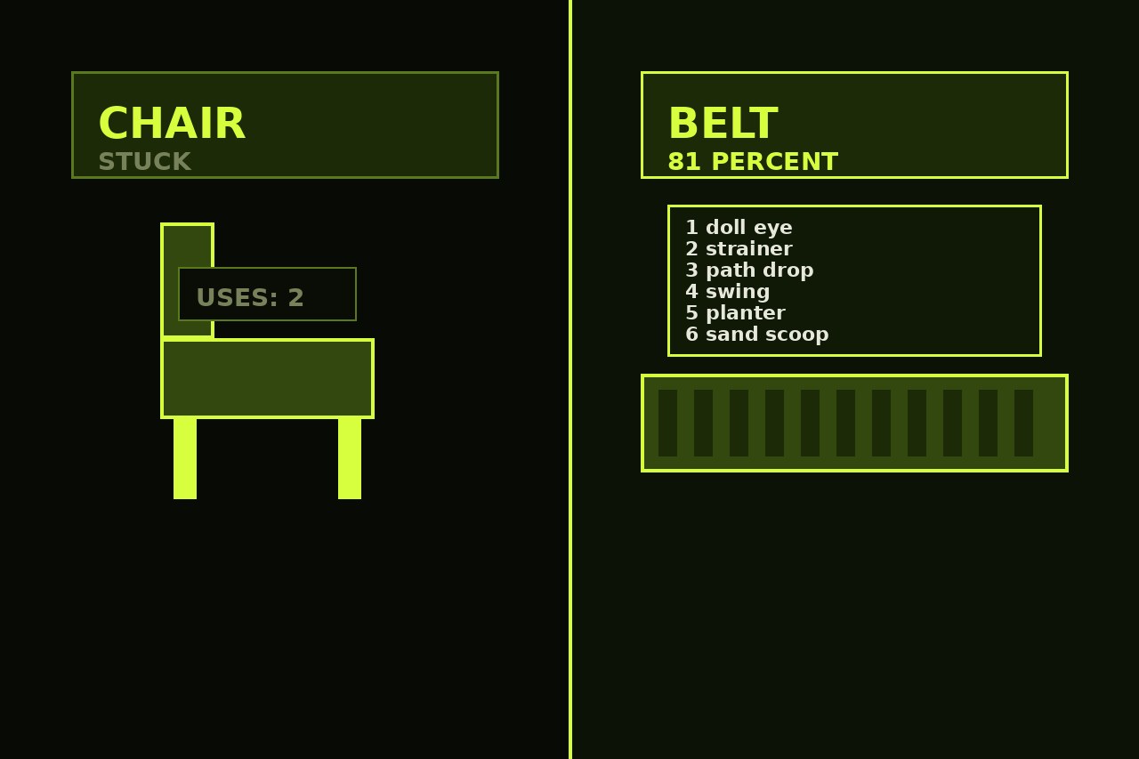 Dark lime split. Left an empty chair and a short stuck list. Right a treadmill, a long use-list, and 81 percent. No face.