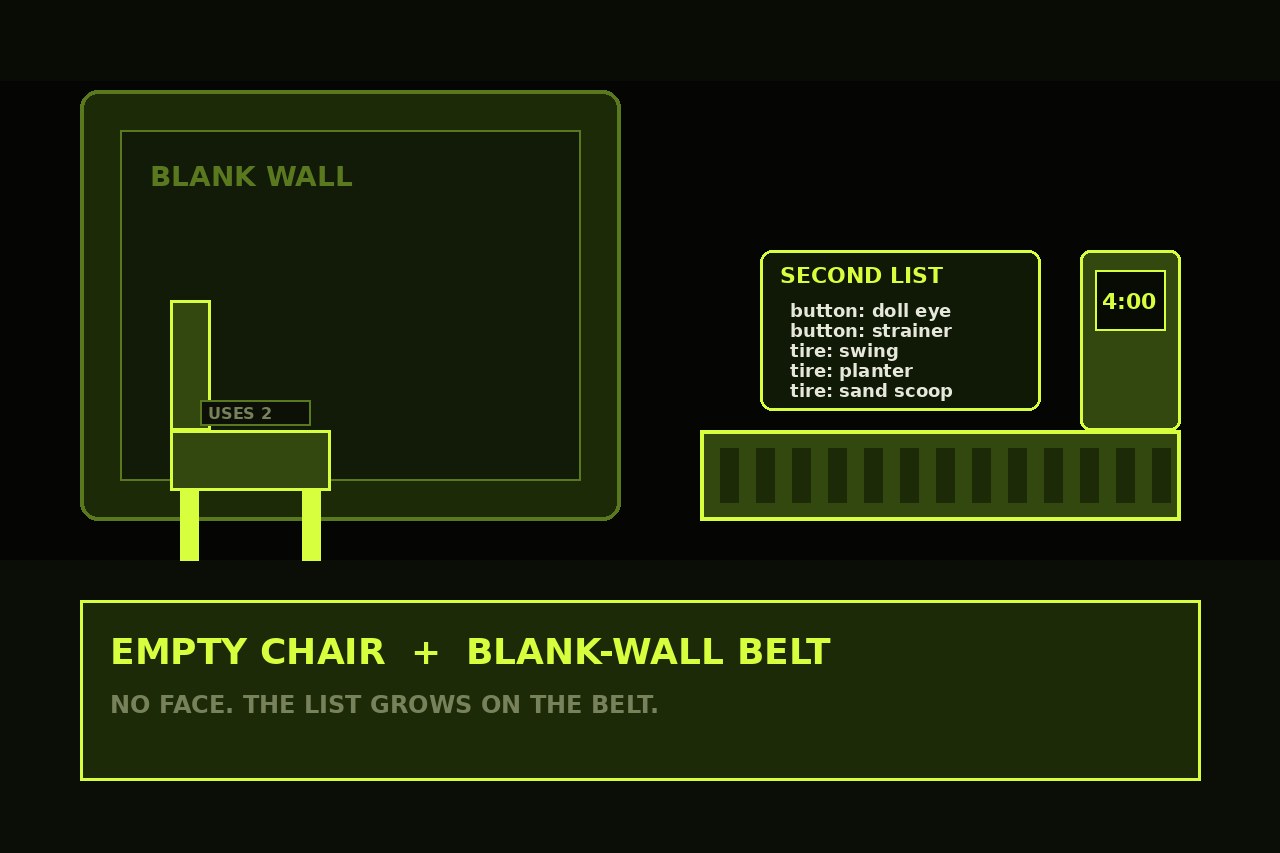 Dark lime drawing of an empty chair, a blank wall, a treadmill, and a growing use-list on the belt. No face.